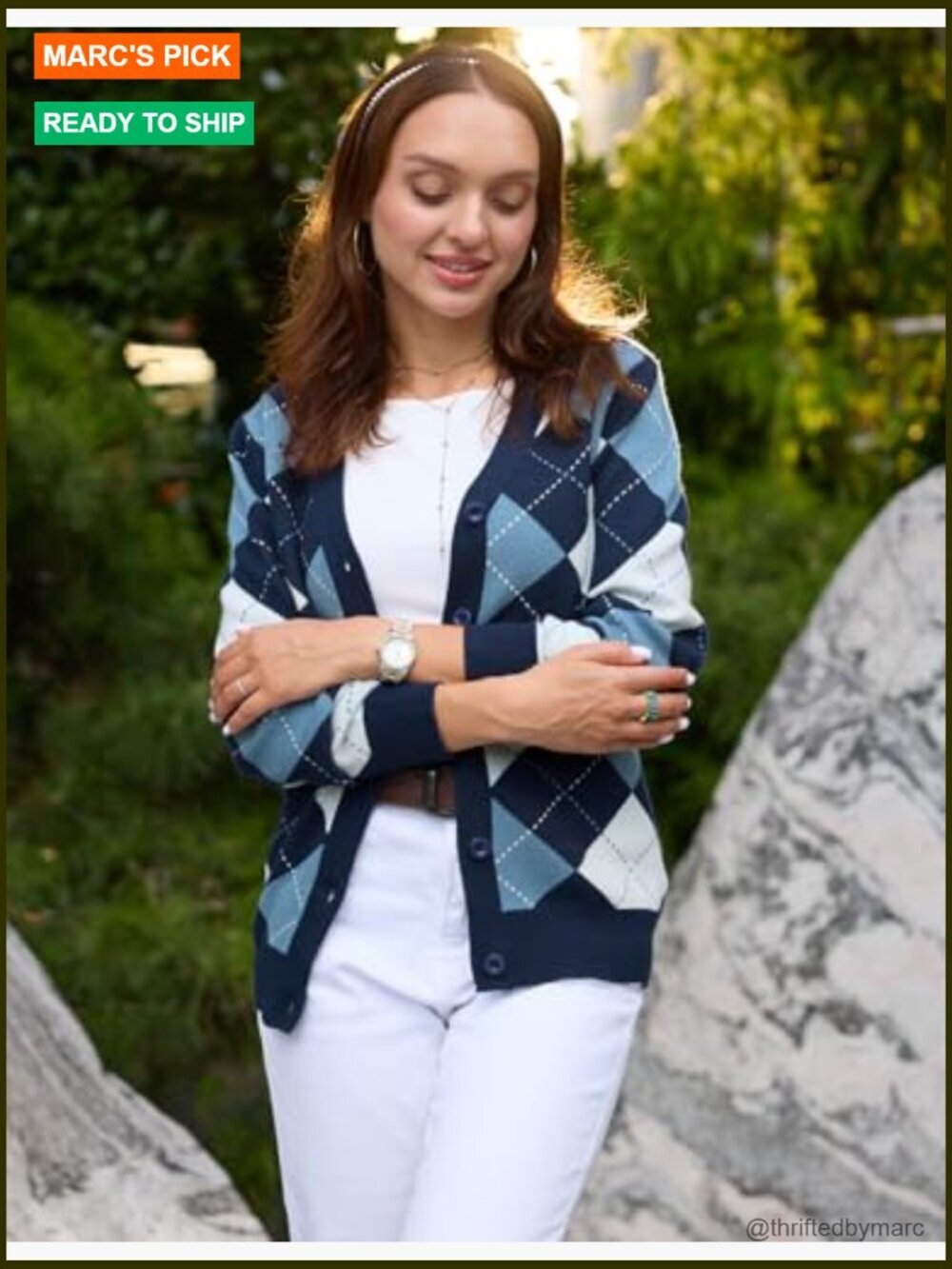 Long Sleeve Argyle V-Neck Button Up Cardigan Sweater Preppy - Picture 5 of 7